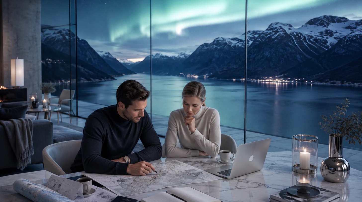 Reisende planlegger en eksklusiv verdensreise med utsikt mot en norsk fjord